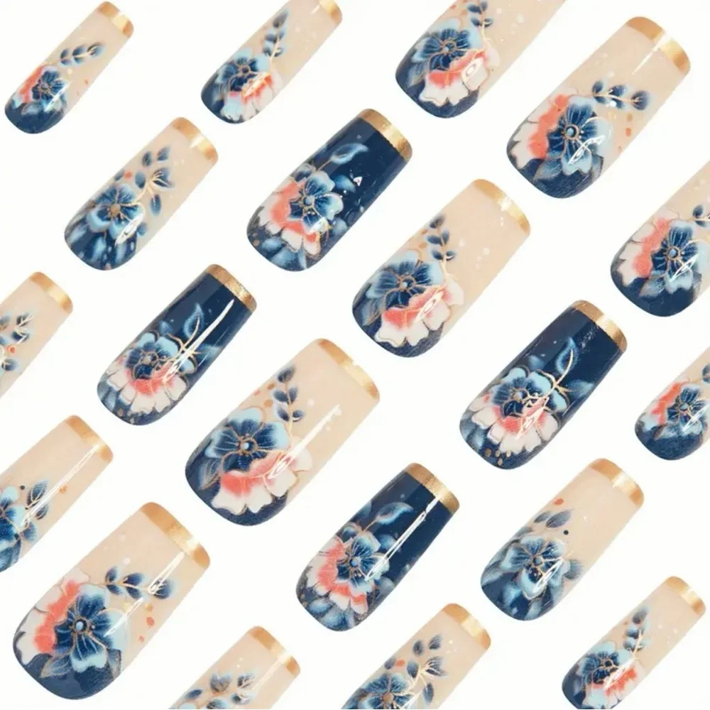 Floral Blue and Cream Press-On Nails, NEW - Picture 5 of 6